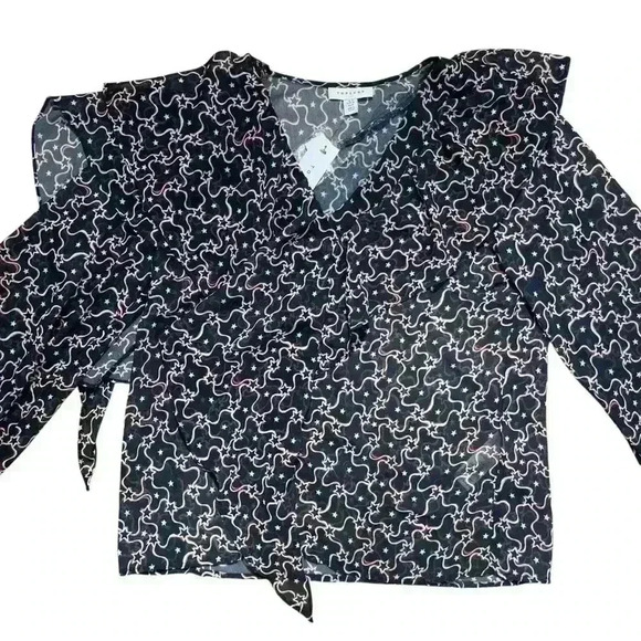 TopShop Sheer Navy Blue Red Star Print Ruffled Tiered Long Sleeve Blouse Size 4 - Picture 3 of 8